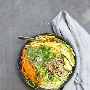Cold Soba Noodle Salad With Raw Veggie Noodles + A Spicy Sunflower Seed Sauce