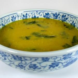 Curried Red Lentil Soup with Dandelion Greens