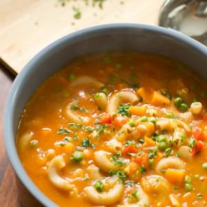 Pasta Soup with Sweet Potato and Peas