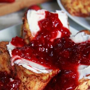 Angel Food Cake French Toast with Cream Cheese and Strawberry Syrup