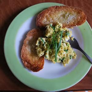 Slow Scrambled Eggs with Garlic Scapes and Spring Onions