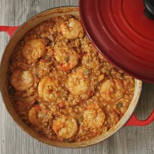 Brown Rice Jambalaya with Shrimp, Chicken Sausage and Bell Peppers