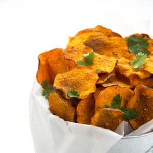 Chili Spiced Sweet Potato Chips with Greek Yogurt Blue Cheese Dip