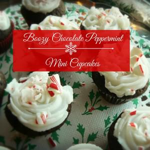 Boozy Chocolate Peppermint Mini Cupcakes with White Peppermint Frosting