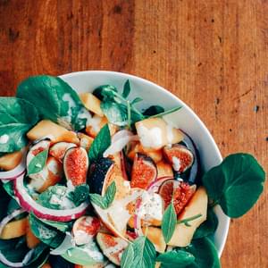 Fig and Cantaloupe Salad with Watercress and Creamy Garlic Lime Dressing