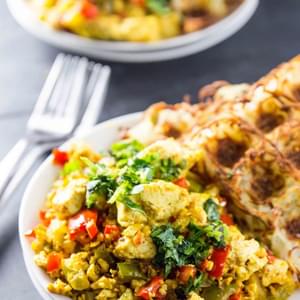 Garlicky Bell Pepper Tofu Scramble with Waffled Jalapeño Hash Browns