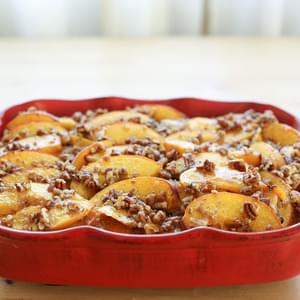 Peaches and Cream French Toast Casserole with Praline Topping