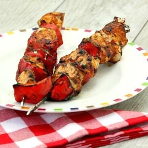 Chicken and Red Pepper Skewers with Peach BBQ Sauce