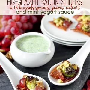 Fig-Glazed Bacon Sliders with Brussels Sprouts, Grapes, Walnuts and Mint Yogurt Sauce