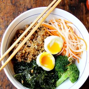 Leftover Grain Bowl with Teriyaki Sauce, Quick-Pickled Carrots & Daikon and Soft-Boiled Eggs