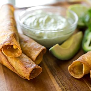 Zesty Chili-Lime Chicken Taquitos with Jack Cheese and Roasted Corn, with Cool Avocado & Jalapeno Ranch Dipping Sauce