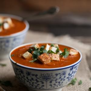 Curried Tomato and Brown Rice Soup with Fried Paneer