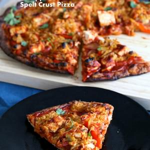 Sriracha BBQ tofu Pizza with Pepper Jack Cheese on thin Spelt Crust