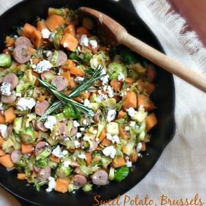 Sweet Potato, Brussels and Apple Hash with Cranberry Turkey Sausage and Goat Cheese