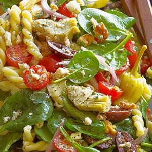 Greek Spinach-Salad Pasta with Feta, Olives, Artichokes, Tomatoes and Pepperoncini