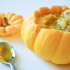 Curried Pumpkin Soup with Maple and Ginger Caramelized Onions