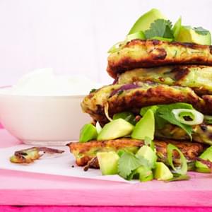 Courgette And Red Onion Cakes With Avocado Salsa