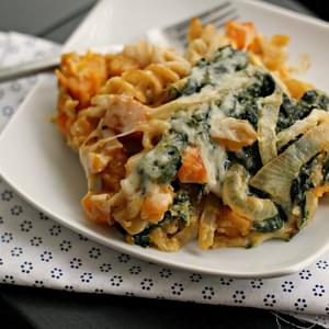 {Vegetarian} Bacon and Butternut Pasta with Kale and Caramelized Onions