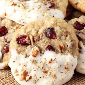 White Chocolate Dipped Cranberry Pecan Oatmeal Cookies