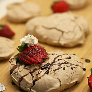 Dark Chocolate Pavlovas with Red Wine Soaked Strawberries and Red Wine Syrup