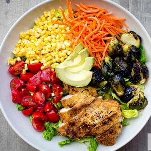 Rainbow Salad with Balsamic Roasted Brussels & Paleo Almond Crusted Chicken