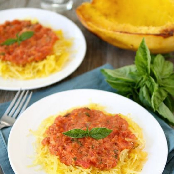 Baked Spaghetti Squash with Creamy Roasted Red Pepper Sauce Recipe
