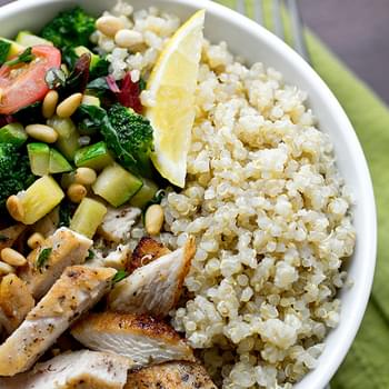 Chicken & Toasted Quinoa Bowls with Garlic-Sauteed Veggies and Pine Nuts