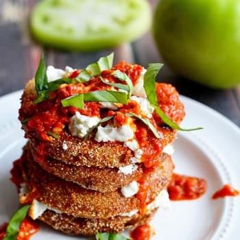 Fried Green Tomatoes with Goat Cheese and Roasted Red Pepper Vinaigrette