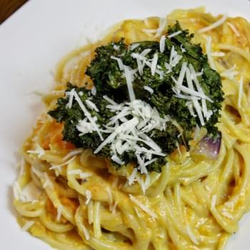 Pasta With A Light Sweet Potato Cream Sauce And Kale Chips