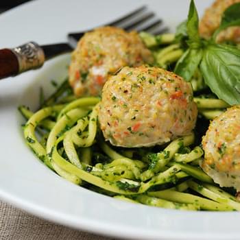Chicken Veggie Meatballs with Pesto Zucchini “Noodles”