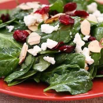 Thanksgiving Spinach Salad with Dried Cranberries, Almonds, and Goat Cheese