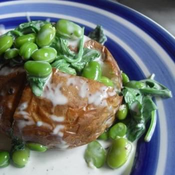 Baked Potatoes with Broad Beans, Rocket and Blue Cheese