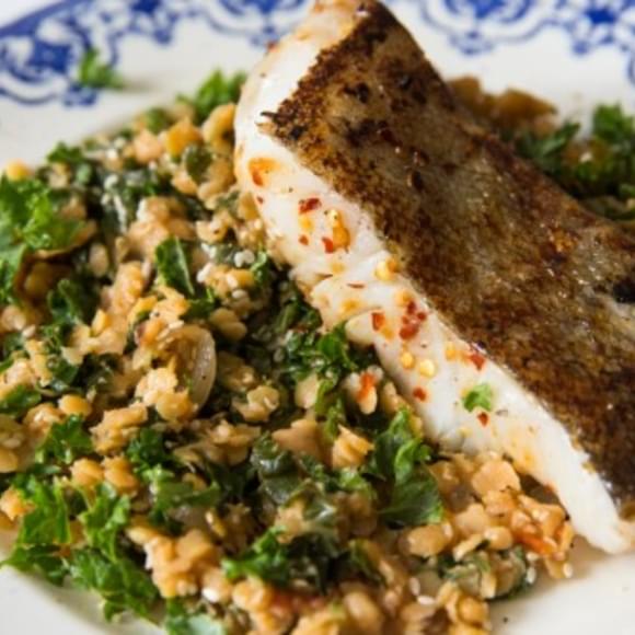 Seared Sea Bass with Lentil and Kale Salad
