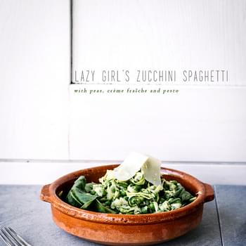 Lazy Girl’s Zucchini Spaghetti with Peas, Crème Fraîche and Pesto