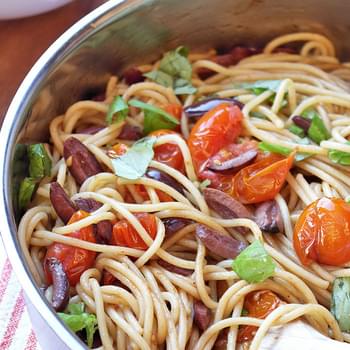 Spaghetti with balsamic roasted cherry tomatoes & Kalamata olives