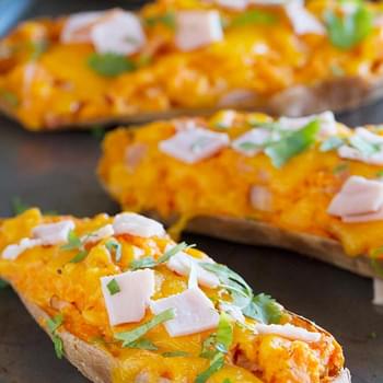 Twice Baked Sweet Potatoes with Cheddar and Canadian Bacon