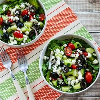 Spinach and Kale Salad with Greek Flavors and Feta-Lemon Vinaigrette