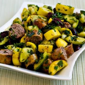 Grilled Sausage and Summer Squash with Herbs, Capers, Kalamata Olives, and Lemon