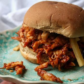 Shredded BBQ Chicken Sandwiches Topped with Apple Slaw