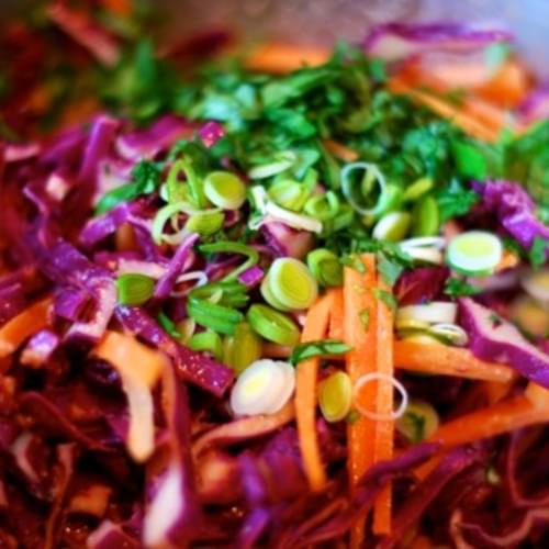 Red Cabbage Slaw with Tangy Carrot Ginger Dressing