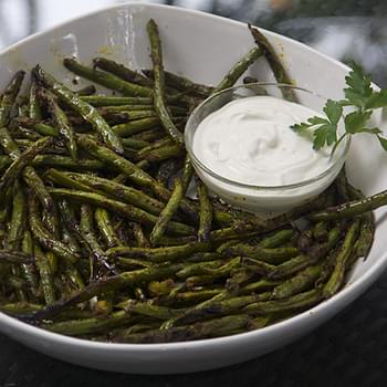 Indonesian Grilled Green Beans with lemon aioli dipping sauce
