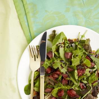 Spring Lettuce with Pastrami Croutons & Balsamic Reduction