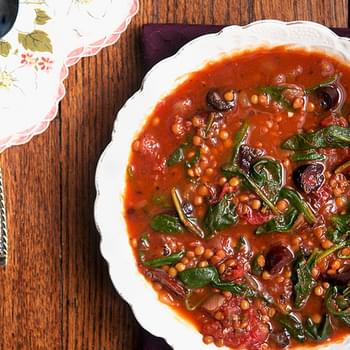 Smoky Tomato Lentil Soup With Spinach & Olives