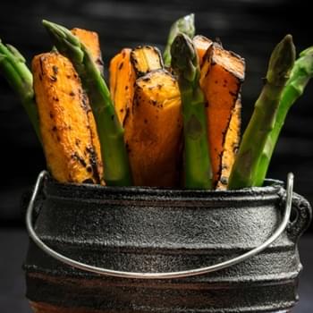 Roasted Pumpkin and Asparagus Sticks (in potjiepot)