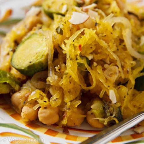 Spaghetti Squash with Roasted Brussels Sprouts and Chickpeas