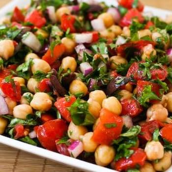 Chickpea Salad with Tomatoes, Olives, Basil, and Parsley