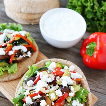 Healthy Pita Sandwich With Roasted Vegetables, Feta Cheese, And Tzatziki Sauce!