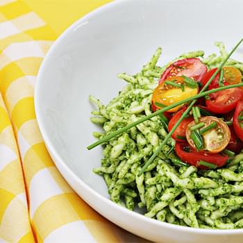 Trofie with Arugula Pesto and Flash-Sautéed Cherry Tomatoes with Garlic Scapes