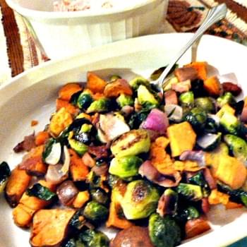 Roasted Brussels Sprouts and Sweet Potatoes with Turkey Bacon, Red Onion, and Balsamic Drizzle