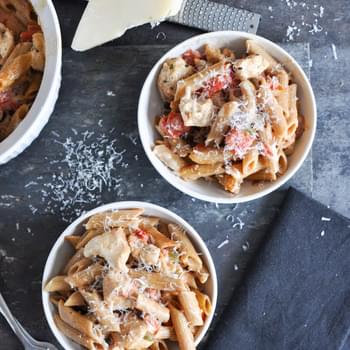 Super Easy Creamy Tomato and Chicken Baked Penne.